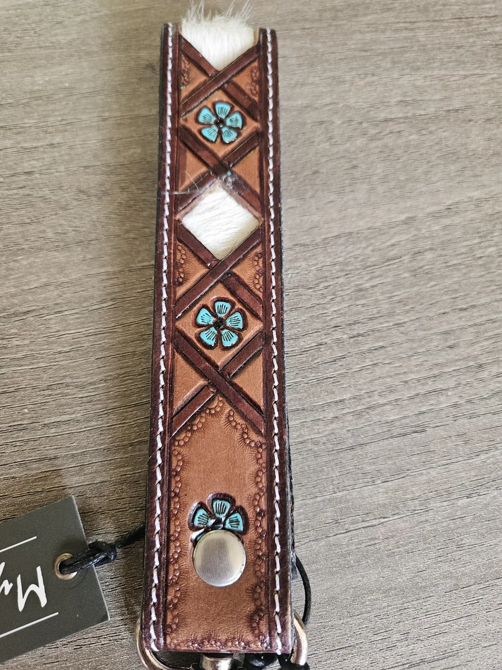 Myra Bag Brown Leather Key & Card Holder with Turquoise Floral Inlays & Cowhide